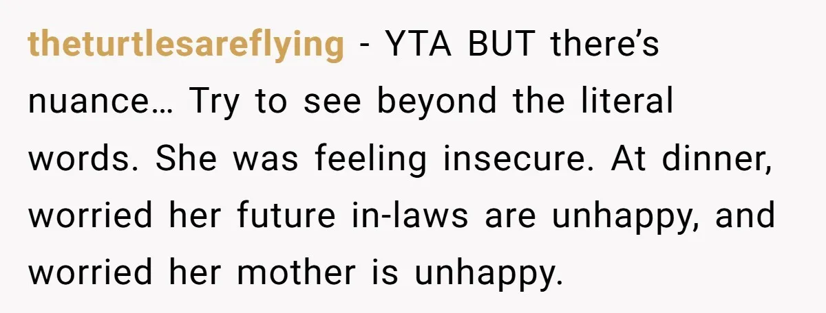 theturtlesareflying − YTA BUT there’s nuance… Try to see beyond the literal words. She was feeling insecure. At dinner, worried her future in-laws are unhappy, and worried her mother is...