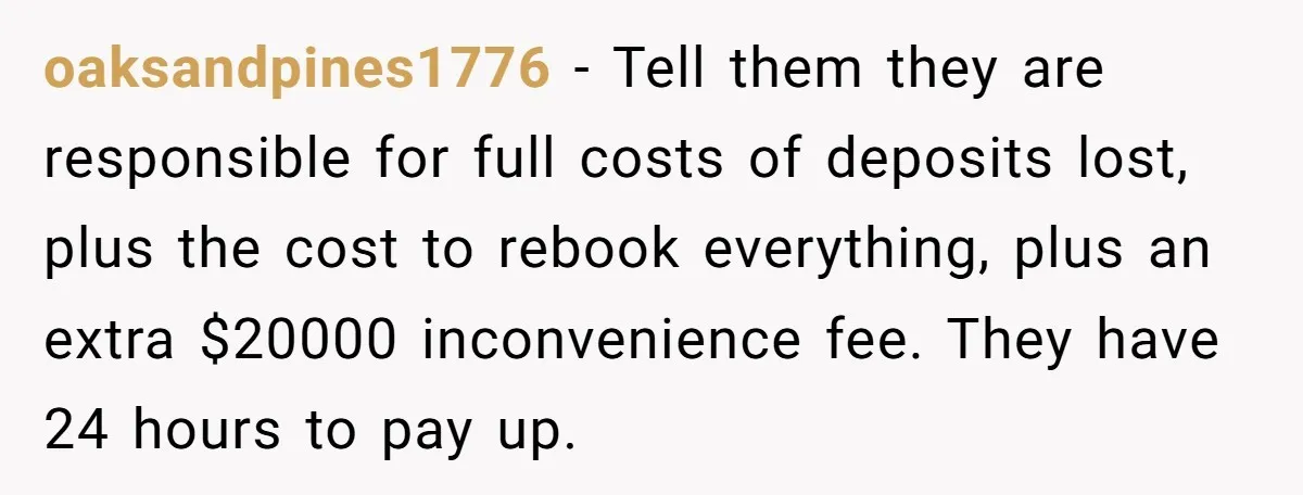 oaksandpines1776 − Tell them they are responsible for full costs of deposits lost, plus the cost to rebook everything, plus an extra $20000 inconvenience fee. They have 24 hours to...