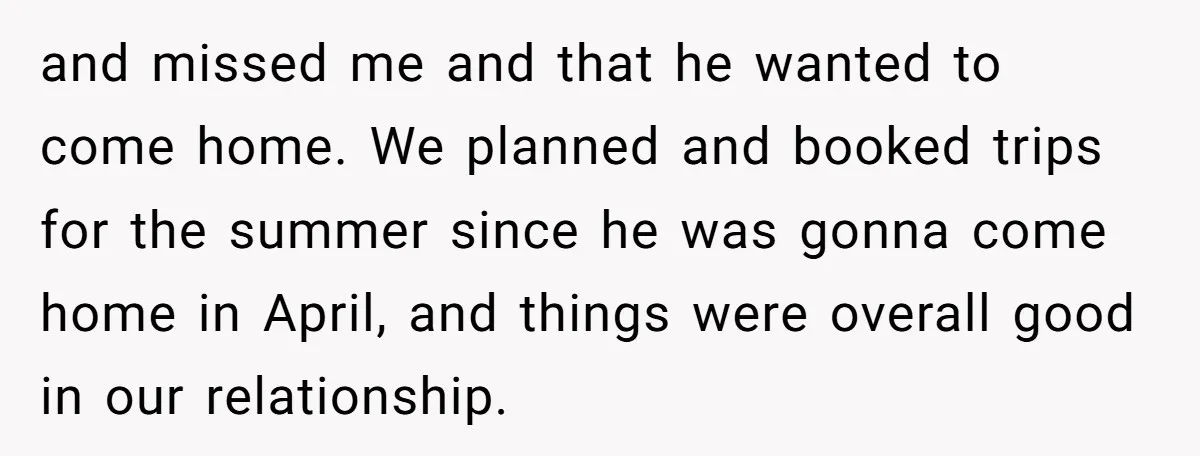 and missed me and that he wanted to come home. We planned and booked trips for the summer since he was gonna come home in April, and things were overall...