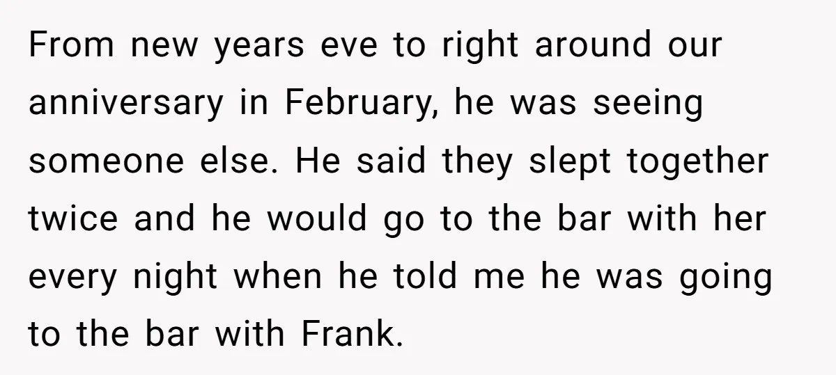 From new years eve to right around our anniversary in February, he was seeing someone else. He said they slept together twice and he would go to the bar with...