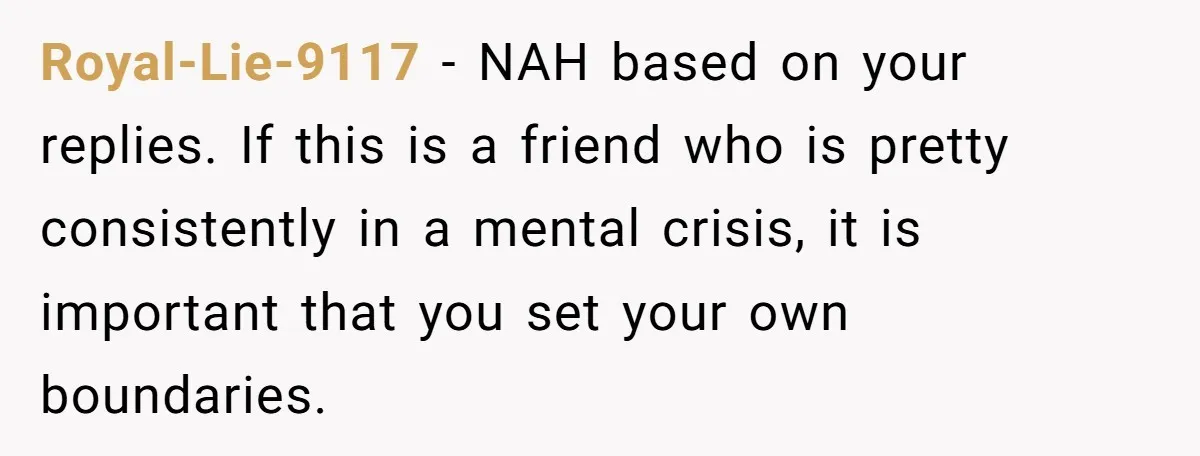 Royal-Lie-9117 − NAH based on your replies. If this is a friend who is pretty consistently in a mental crisis, it is important that you set your own boundaries.