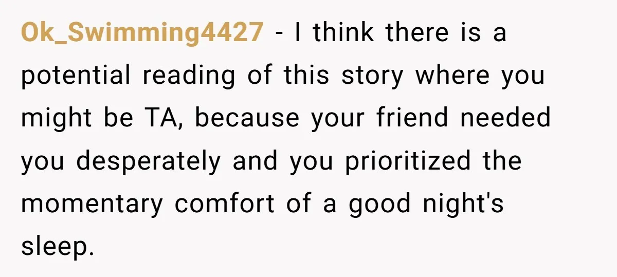 Ok_Swimming4427 − I think there is a potential reading of this story where you might be TA, because your friend needed you desperately and you prioritized the momentary comfort of...