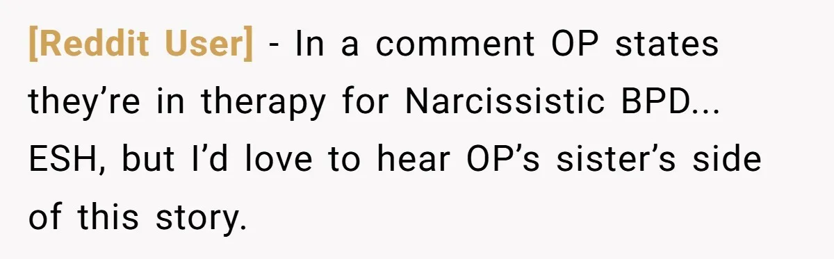 [Reddit User] − In a comment OP states they’re in therapy for Narcissistic BPD... ESH, but I’d love to hear OP’s sister’s side of this story.