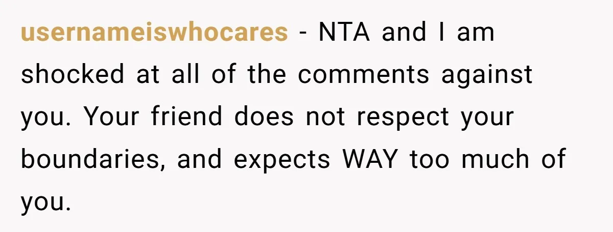 usernameiswhocares − NTA and I am shocked at all of the comments against you. Your friend does not respect your boundaries, and expects WAY too much of you.