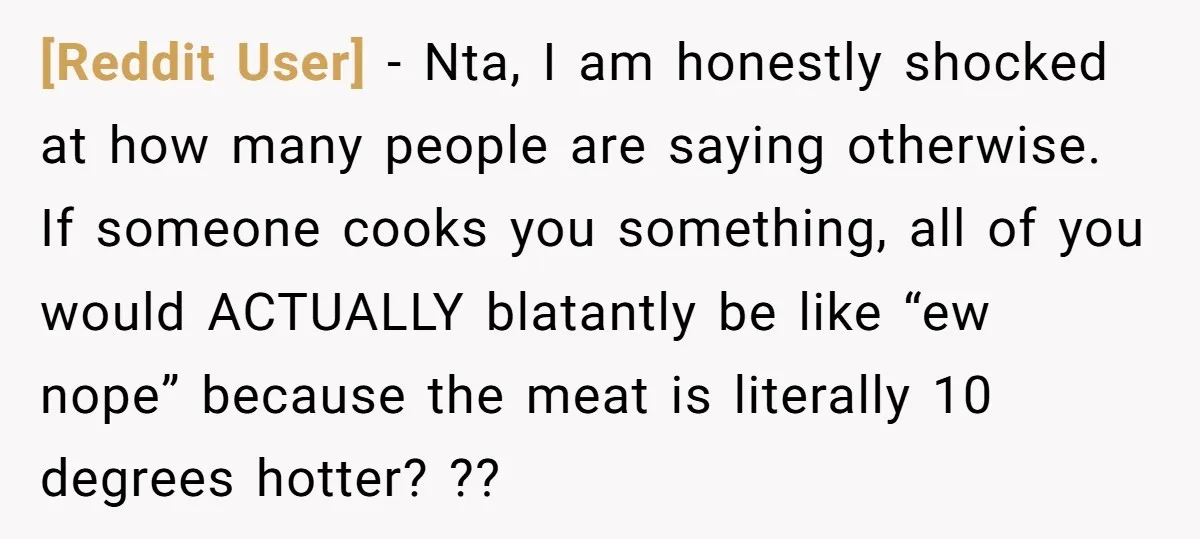 [Reddit User] − Nta, I am honestly shocked at how many people are saying otherwise. If someone cooks you something, all of you would ACTUALLY blatantly be like “ew nope”...