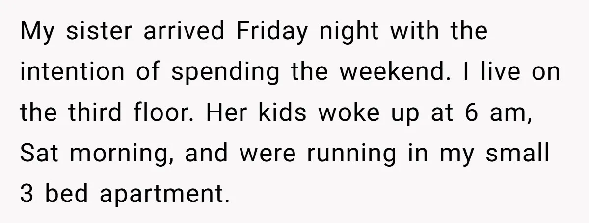 My sister arrived Friday night with the intention of spending the weekend. I live on the third floor. Her kids woke up at 6 am, Sat morning, and were running...