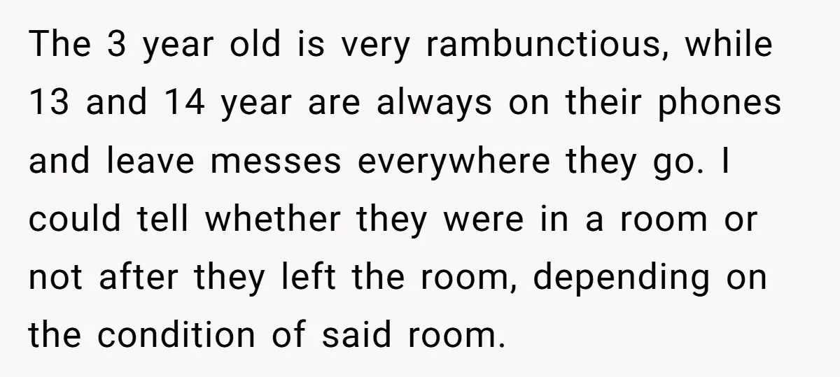The 3 year old is very rambunctious, while 13 and 14 year are always on their phones and leave messes everywhere they go. I could tell whether they were in...