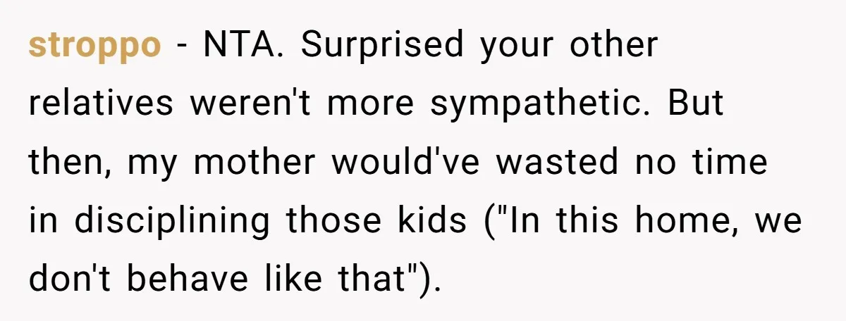 stroppo − NTA. Surprised your other relatives weren't more sympathetic. But then, my mother would've wasted no time in disciplining those kids ("In this home, we don't behave like that").