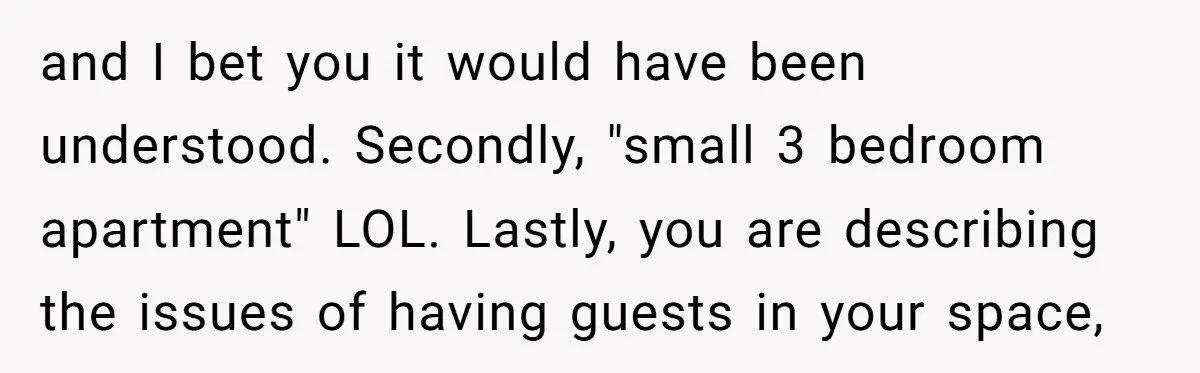 and I bet you it would have been understood. Secondly, "small 3 bedroom apartment" LOL. Lastly, you are describing the issues of having guests in your space,