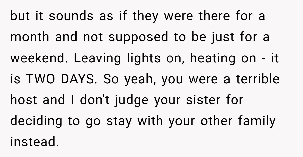 but it sounds as if they were there for a month and not supposed to be just for a weekend. Leaving lights on, heating on - it is TWO DAYS....