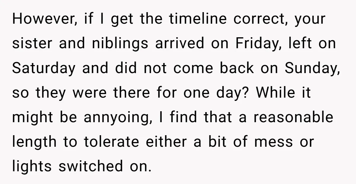 However, if I get the timeline correct, your sister and niblings arrived on Friday, left on Saturday and did not come back on Sunday, so they were there for one...