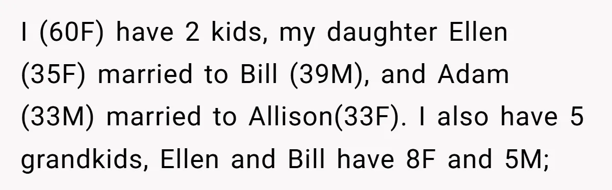 I (60F) have 2 kids, my daughter Ellen (35F) married to Bill (39M), and Adam (33M) married to Allison(33F). I also have 5 grandkids, Ellen and Bill have 8F and...