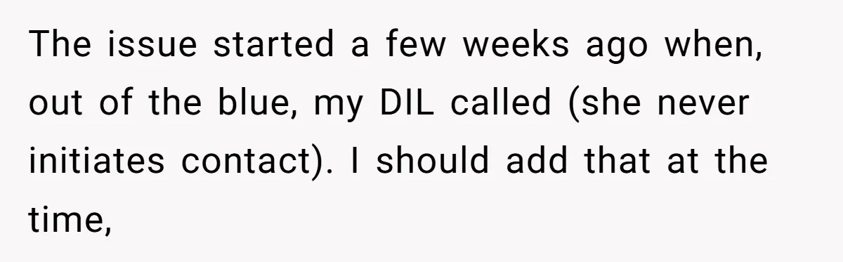 The issue started a few weeks ago when, out of the blue, my DIL called (she never initiates contact). I should add that at the time,