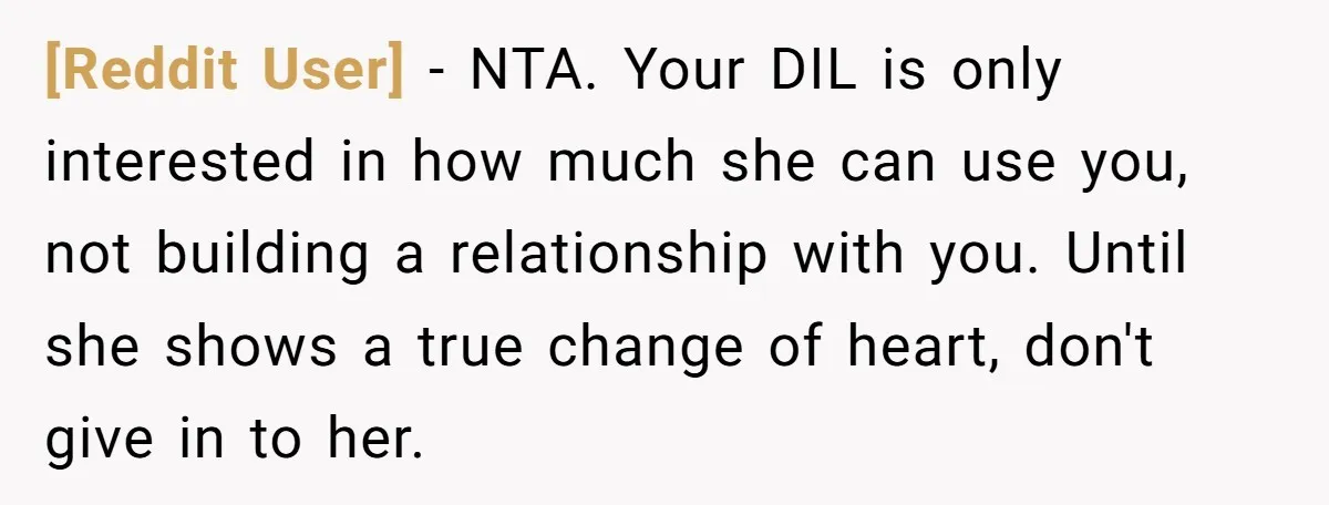 [Reddit User] − NTA. Your DIL is only interested in how much she can use you, not building a relationship with you. Until she shows a true change of heart,...
