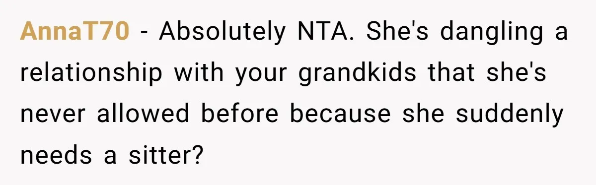 AnnaT70 − Absolutely NTA. She's dangling a relationship with your grandkids that she's never allowed before because she suddenly needs a sitter?