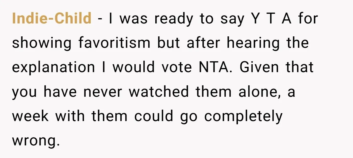 Indie-Child − I was ready to say Y T A for showing favoritism but after hearing the explanation I would vote NTA. Given that you have never watched them alone,...