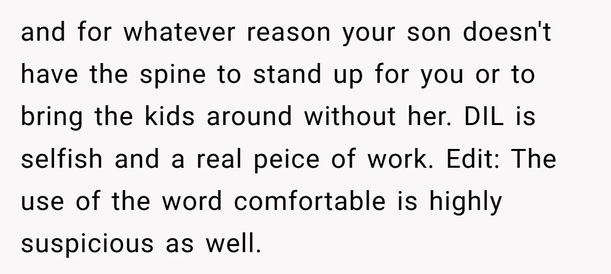 and for whatever reason your son doesn't have the spine to stand up for you or to bring the kids around without her. DIL is selfish and a real peice...