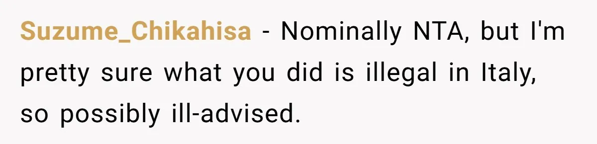 Suzume_Chikahisa − Nominally NTA, but I'm pretty sure what you did is illegal in Italy, so possibly ill-advised.