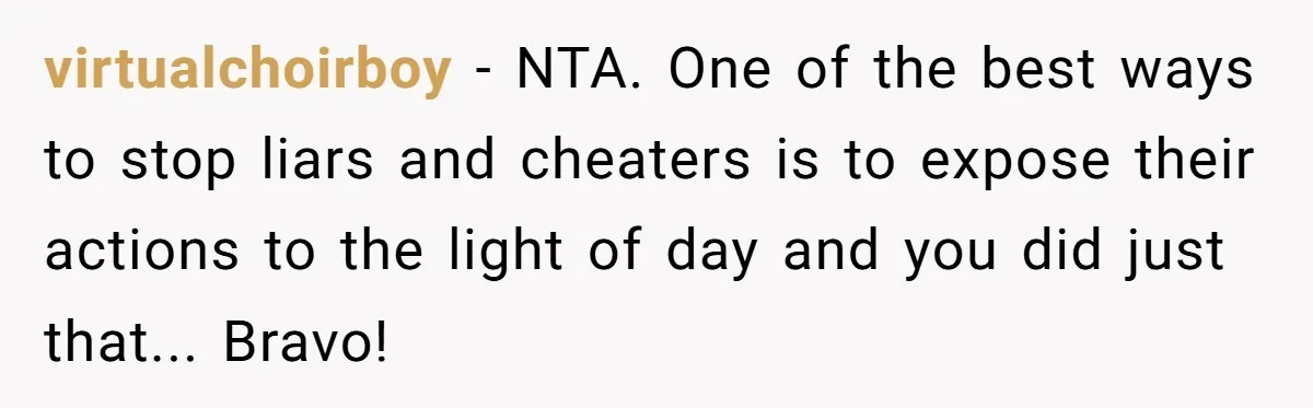 virtualchoirboy − NTA. One of the best ways to stop liars and cheaters is to expose their actions to the light of day and you did just that... Bravo!