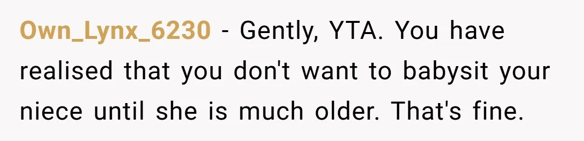Own_Lynx_6230 − Gently, YTA. You have realised that you don't want to babysit your niece until she is much older. That's fine.
