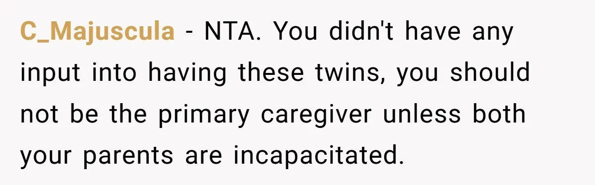 C_Majuscula − NTA. You didn't have any input into having these twins, you should not be the primary caregiver unless both your parents are incapacitated.
