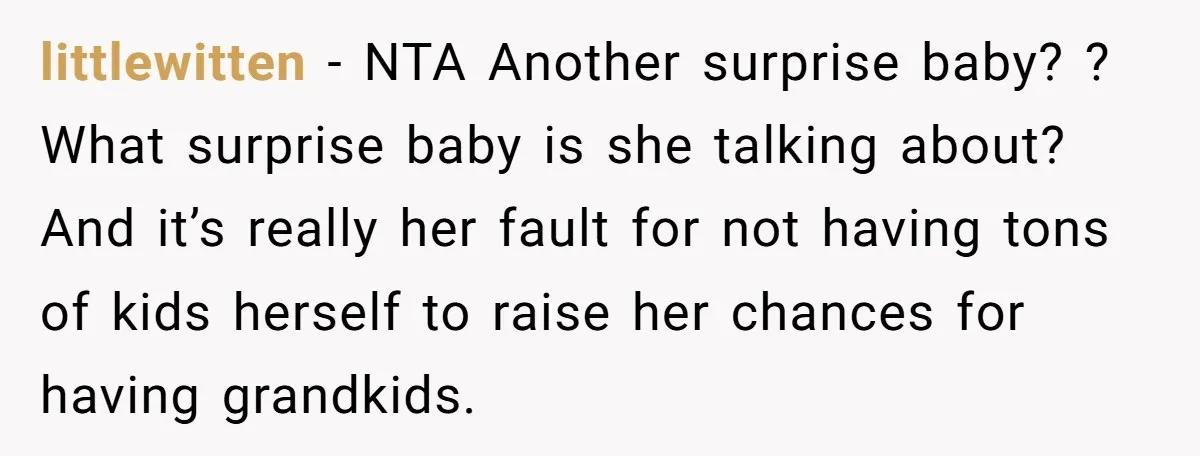 littlewitten − NTA Another surprise baby? ? What surprise baby is she talking about? And it’s really her fault for not having tons of kids herself to raise her chances...