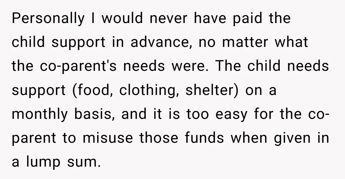Personally I would never have paid the child support in advance, no matter what the co-parent's needs were. The child needs support (food, clothing, shelter) on a monthly basis, and...
