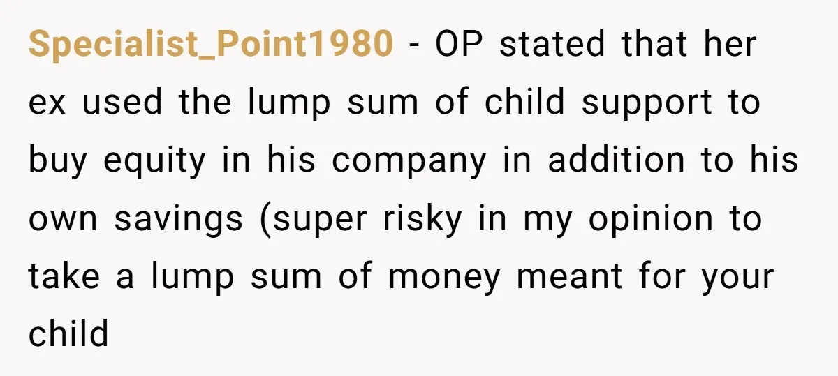 Specialist_Point1980 − OP stated that her ex used the lump sum of child support to buy equity in his company in addition to his own savings (super risky in my...
