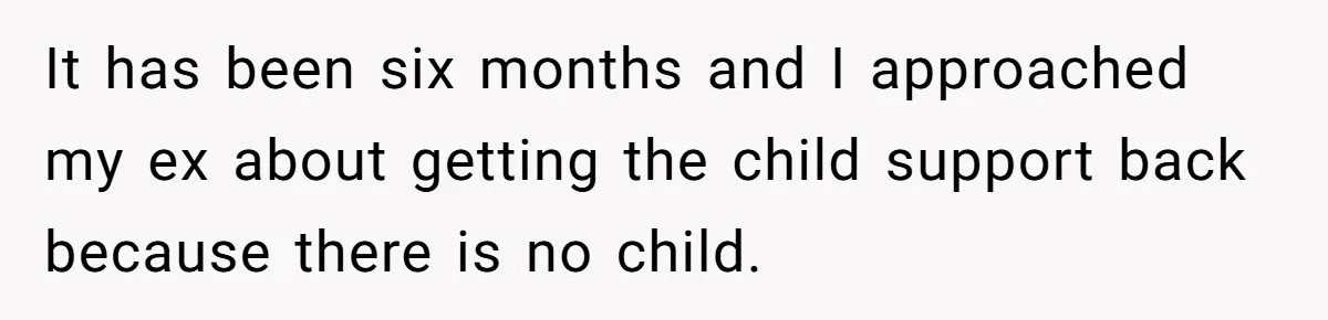 It has been six months and I approached my ex about getting the child support back because there is no child.