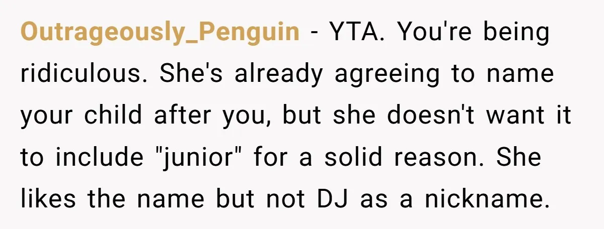 Outrageously_Penguin − YTA. You're being ridiculous. She's already agreeing to name your child after you, but she doesn't want it to include "junior" for a solid reason. She likes the...