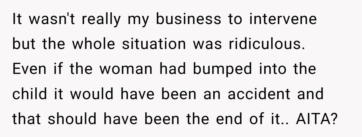 It wasn't really my business to intervene but the whole situation was ridiculous. Even if the woman had bumped into the child it would have been an accident and that...