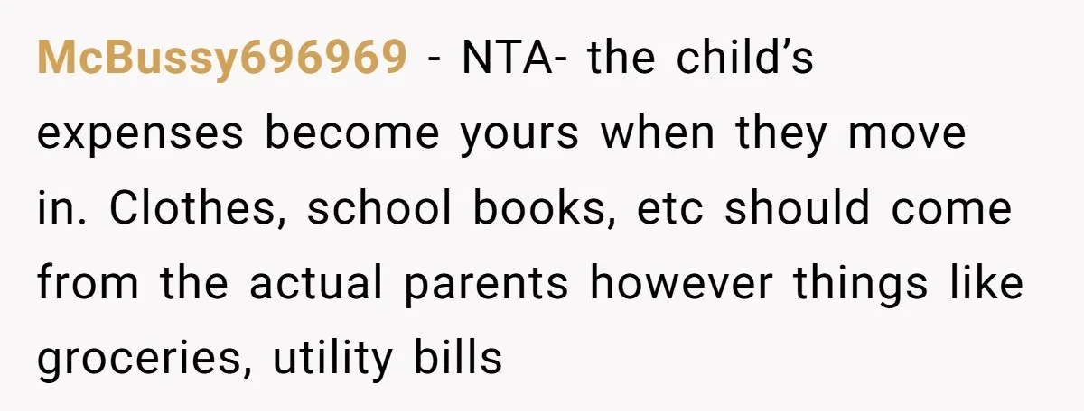 McBussy696969 − NTA- the child’s expenses become yours when they move in. Clothes, school books, etc should come from the actual parents however things like groceries, utility bills