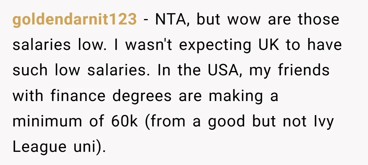 goldendarnit123 − NTA, but wow are those salaries low. I wasn't expecting UK to have such low salaries. In the USA, my friends with finance degrees are making a minimum...
