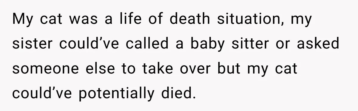 My cat was a life of death situation, my sister could’ve called a baby sitter or asked someone else to take over but my cat could’ve potentially died.