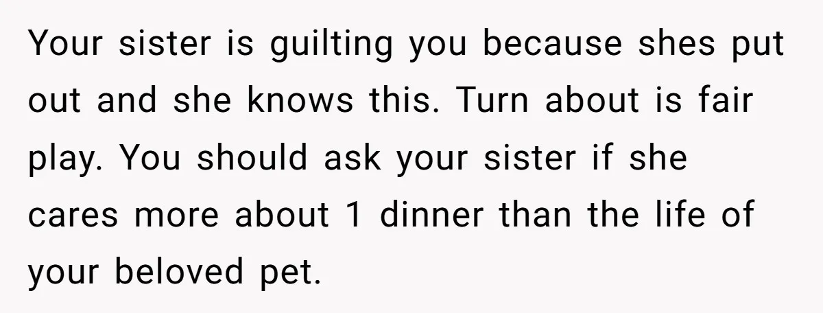 Your sister is guilting you because shes put out and she knows this. Turn about is fair play. You should ask your sister if she cares more about 1 dinner...
