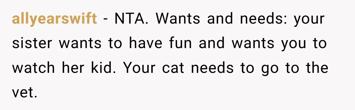 allyearswift − NTA. Wants and needs: your sister wants to have fun and wants you to watch her kid. Your cat needs to go to the vet.
