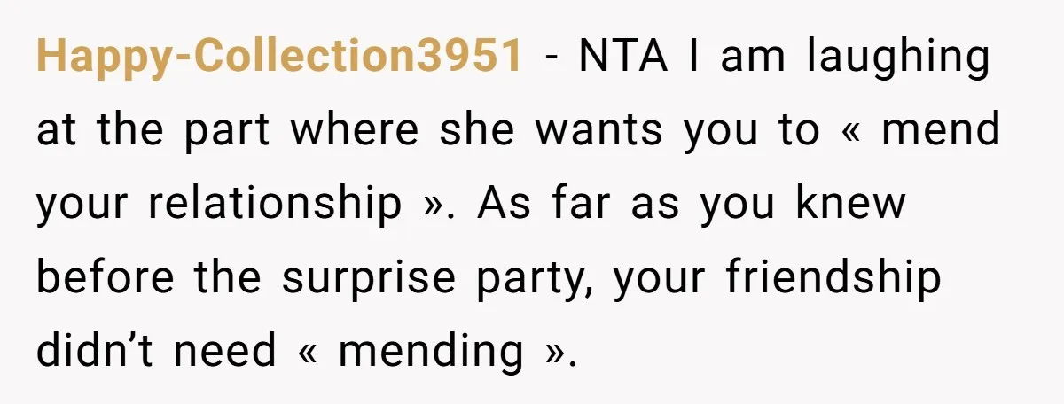 Happy-Collection3951 − NTA I am laughing at the part where she wants you to « mend your relationship ». As far as you knew before the surprise party, your friendship...