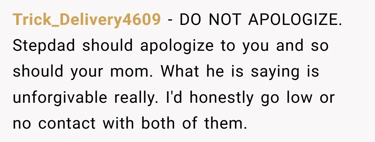 Trick_Delivery4609 − DO NOT APOLOGIZE. Stepdad should apologize to you and so should your mom. What he is saying is unforgivable really. I'd honestly go low or no contact with...