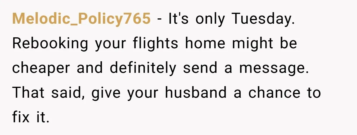 Melodic_Policy765 − It's only Tuesday. Rebooking your flights home might be cheaper and definitely send a message. That said, give your husband a chance to fix it.