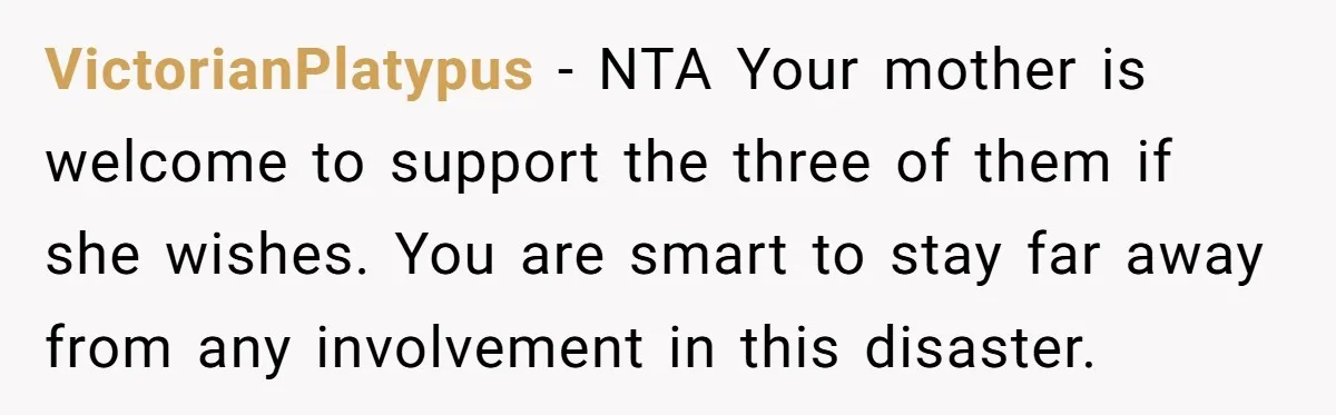 VictorianPlatypus − NTA Your mother is welcome to support the three of them if she wishes. You are smart to stay far away from any involvement in this disaster.