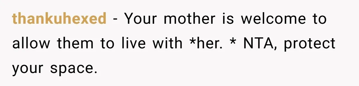 thankuhexed − Your mother is welcome to allow them to live with *her. * NTA, protect your space.