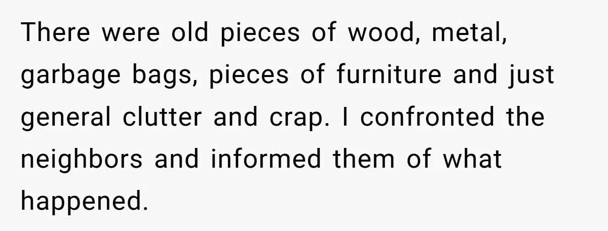 There were old pieces of wood, metal, garbage bags, pieces of furniture and just general clutter and crap. I confronted the neighbors and informed them of what happened.