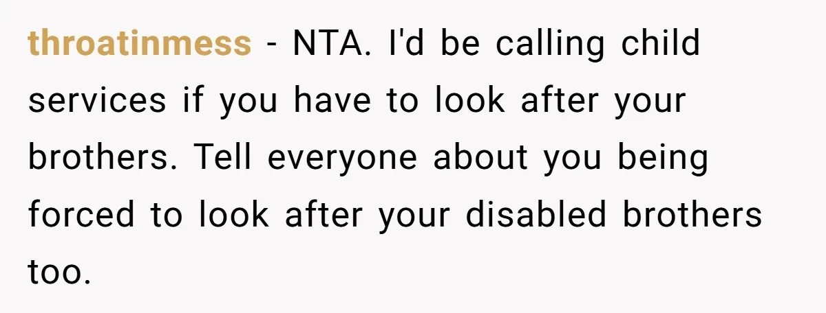 throatinmess − NTA. I'd be calling child services if you have to look after your brothers. Tell everyone about you being forced to look after your disabled brothers too.