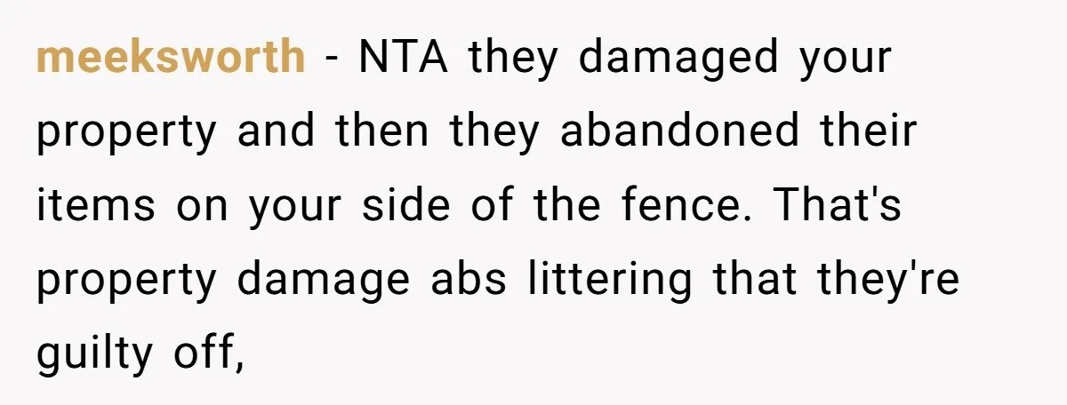 meeksworth − NTA they damaged your property and then they abandoned their items on your side of the fence. That's property damage abs littering that they're guilty off,