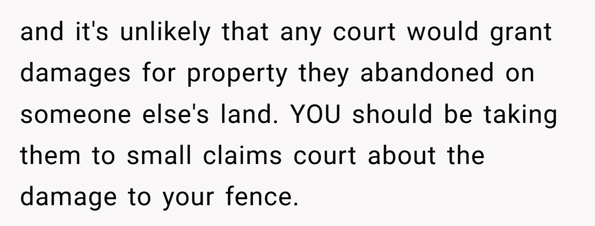 and it's unlikely that any court would grant damages for property they abandoned on someone else's land. YOU should be taking them to small claims court about the damage to...