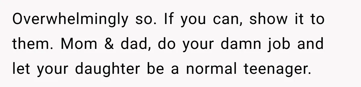 Overwhelmingly so. If you can, show it to them. Mom & dad, do your damn job and let your daughter be a normal teenager.