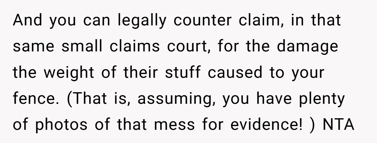 And you can legally counter claim, in that same small claims court, for the damage the weight of their stuff caused to your fence. (That is, assuming, you have plenty...