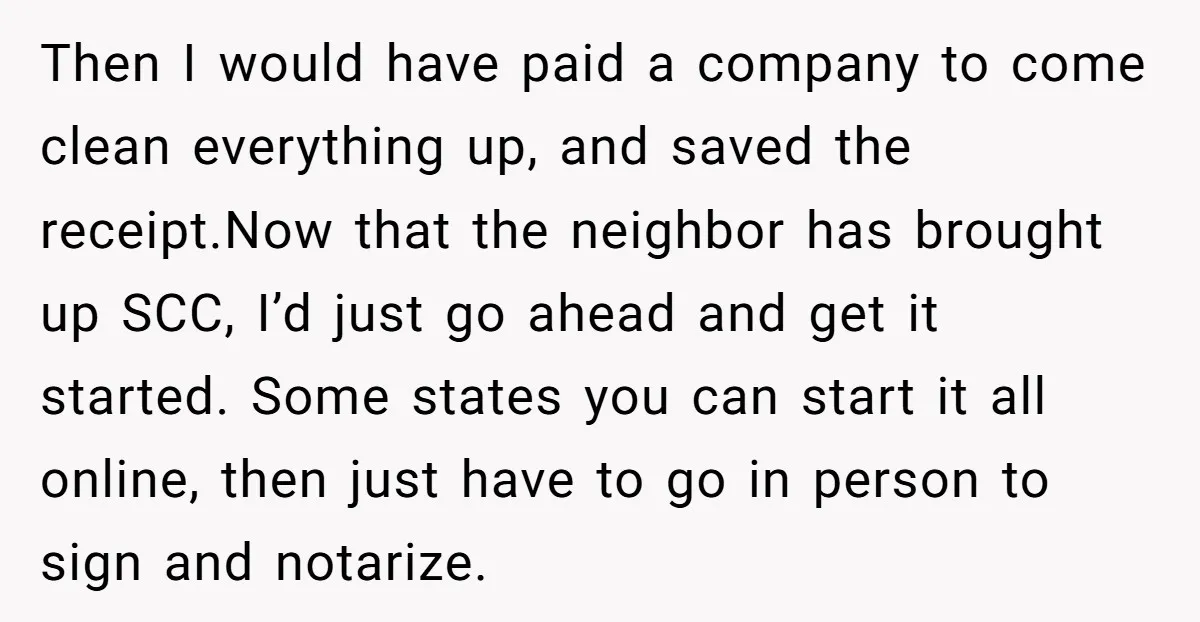 Then I would have paid a company to come clean everything up, and saved the receipt.Now that the neighbor has brought up SCC, I’d just go ahead and get it...