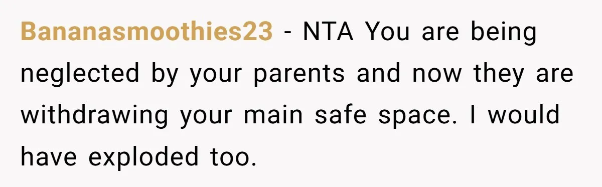 Bananasmoothies23 − NTA You are being neglected by your parents and now they are withdrawing your main safe space. I would have exploded too.