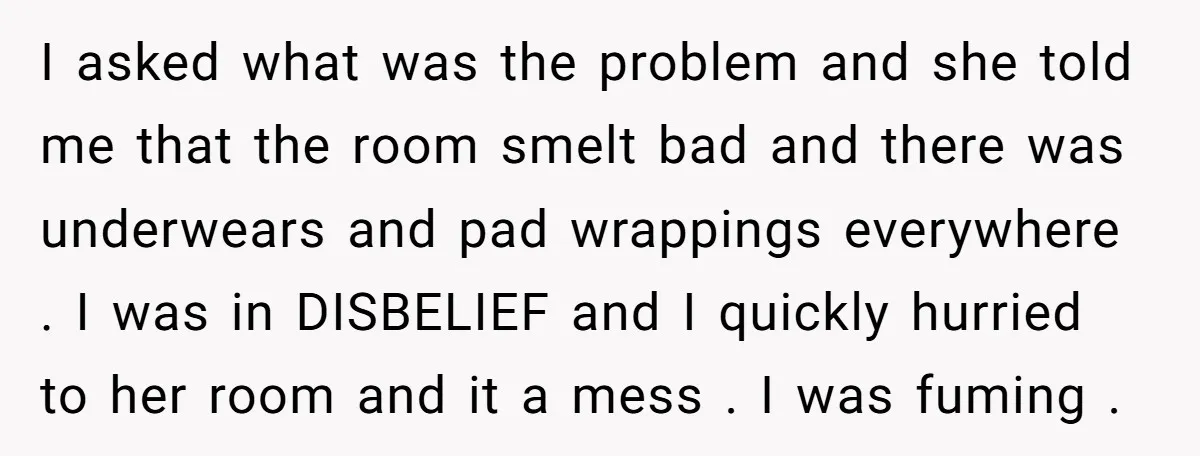 I asked what was the problem and she told me that the room smelt bad and there was underwears and pad wrappings everywhere . I was in DISBELIEF and I...